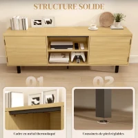 HOMCOM Meuble TV, meuble télé jusqu'à 65 pouces, 2 portes à ouverture par pression et 2 étagères, 160x35x55,5cm, bois naturel(m-7)
