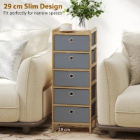 HOMCOM Chest of Drawers, 5 Fabric Drawers Narrow Dresser with Bamboo Frame, Light Grey(m-6)