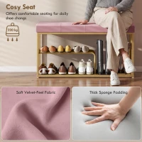 HOMCOM Bench and Shoe Storage, Tufted Shoe Storage Bench with Velvet Seat Cushion Gold Steel Frame for Entryway, Pink(m-5)
