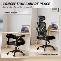 HOMCOM Chaise bureau, fauteuil de bureau en maille, dossier rabattable, appui-tête 2D, accoudoirs relevables, 73x62x136cm, noir(m-7)