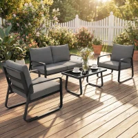 Outsunny 4 Piece Garden Furniture Set, Outdoor Sofa Set with Loveseat, 2 Armchairs, Coffee Table and Cushions(m-2)