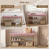 HOMCOM Bench and Shoe Storage, Tufted Shoe Storage Bench with Velvet Seat Cushion Gold Steel Frame for Entryway, Pink(m-7)