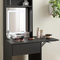 HOMCOM Small Vanity Desk with Mirror and LED Lights, Compact Dressing Table with Drop Leaf, Open Shelves and Drawer, Black(m-9)