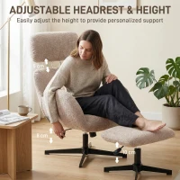 HOMCOM Swivel Armchair and Footstool Set, Height Adjustable Accent Chair with Adjustable Headrest, Rocking Function, Light Brown(m-9)