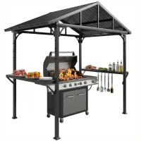Outsunny Grillpavillon 2,52 x 1,56 m, Wasserdicht Grill Pavillon mit Satteldach Seitenablage Haken Stahlrahmen Schwarz(m-11)