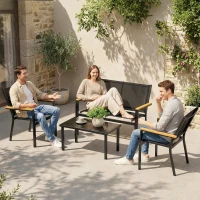 Outsunny Salon de jardin extérieur 4 pièces avec canapé 2 places, 2 chaises et table basse en verre trempé, noir(m-10)