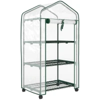 Outsunny Mini serre de jardin avec 3 étagères, bâche PVC haute densité, porte enroulable 4 roulettes 69 x 49 x 130 cm transparent(m-12)