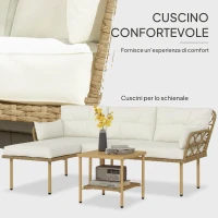Outsunny Set da Giardino 3pz con Chaise Longue, Divanetto, Cuscini e Tavolino, in Rattan e Acciaio, Bianco Crema e Legno(m-5)