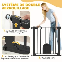 PawHut Barrière de sécurité animaux avec porte fermeture automatique système de double verrouillage, acier noir(m-4)