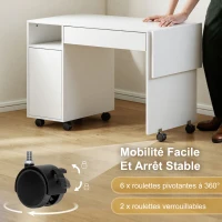 HOMCOM Bureau d'ordinateur sur roulettes, table informatique avec abattant, tiroir, placard et compartiment, 130 x 58 cm, blanc(m-7)
