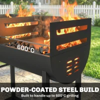 Outsunny Grătar pe cărbune cărucior cu 2 zone de gătit grilă reglabilă pe înălțime raft pentru lemne roți mâner lateral, 103 x 46,5 x 100cm(m-4)