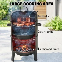 Outsunny 3-in-1 Vertical Charcoal Smoker with 2 Grill Grates, Built-in Thermometer, Adjustable Vent, 2 Doors(m-5)