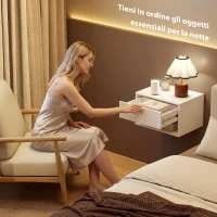 HOMCOM Set di 2 Comodini Sospesi con Cassetto Decorato e Mensola Aperta, Bianco(m-4)