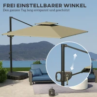 Outsunny Ampelschirm 247 x 247cm neigbar Sonnenschirm mit Doppeldach Kurbel Ständer Wasserabweisend Hellgrau(m-5)