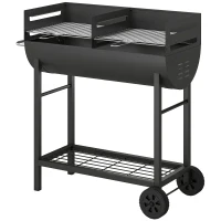 Outsunny Grătar pe cărbune cărucior cu 2 zone de gătit grilă reglabilă pe înălțime raft pentru lemne roți mâner lateral, 103 x 46,5 x 100cm(m-6)