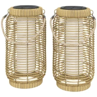 Outsunny Set de 2 Lampadare Exterioare Solare din Rășină Împletită, Lumină LED de Grădină din Oțel, Pornire/Oprire Automată Bej nisip(m-1)