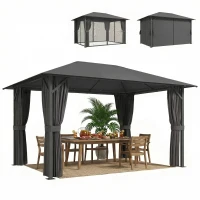 Outsunny Pavillon ca. 4x3m Wasserabweisend Stabil Winterfest Gartenpavillon mit Moskitonetz 4 Seitenteile Lüftung Drainagelöchern(m-11)