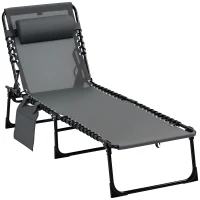 Outsunny Folding Sun Lounger, Relaxation Sunbed with 5-Level Reclining Backrest, Removable Headrest, Built-in Side Pocket, Textilene Coating, Steel, dim. 189x58x30cm, Gray(m-10)