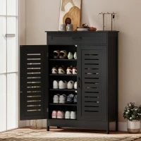 HOMCOM Shoe Cabinet with Louvered Doors, Modern Shoe Storage Cabinet with Drawer and Adjustable Shelves, Black(m-2)