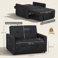 HOMCOM Loveseat Sofa Bed, Convertible Bed Settee with 2 Pillows, Side Pockets, Black(m-3)