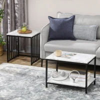HOMCOM Set of 2 side tables nesting stackable coffee tables with marble-effect wood-look top black metal frame(m-7)
