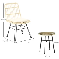 Outsunny 3-piece garden bistro set 2 chairs + round tempered glass coffee table 2 zip-off polyester cushions PE woven rattan galvanized metal Ø 45 x 50 cm cream(m-3)