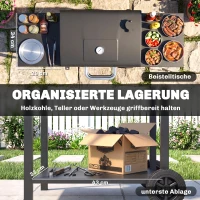Outsunny Holzkohlegrill mit Deckel, BBQ Smoker Grill mit 2 Seitentischen Große Grillfläche Grillrost Thermometer Räder(m-6)