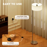 HOMCOM Floor Lamp, Modern Standing Lamp with Linen Lampshade, Round Base for Living Room, Bedroom, Dining Room, 153cm, Silver Tone(m-5)