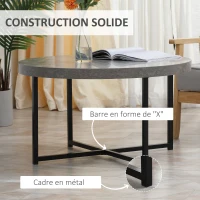 HOMCOM Round concrete-effect coffee table in wood and metal - Ø 80 x 45 cm - crossed base(m-6)