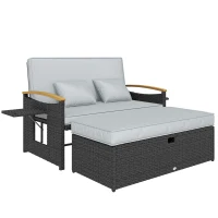 Outsunny Double Garden Rattan Daybed, Wicker Sun Bed Chaise Lounger with Storage Ottoman, 4-Level Adjustable Backrest, Dark Grey(m-1)