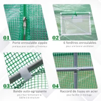 Outsunny Garden Tunnel Greenhouse 10.5 m² dim. 350L x 300l x 200H cm Door + 6 roll-up windows Galvanized steel HDPE cover Green(m-5)