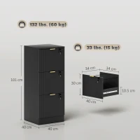 HOMCOM Filing Cabinet, Fluted Vertical File Cabinet with 3 Lockable Drawers and Hanging Rails, Black(m-3)