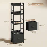 HOMCOM 4-Tier Bookshelf, Narrow Bookcase with Drawer, 8 Hooks, Metal Frame, Black(m-3)