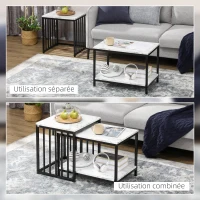 HOMCOM Set of 2 side tables nesting stackable coffee tables with marble-effect wood-look top black metal frame(m-4)