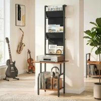 HOMCOM Vinyl Record Player Stand Record Storage with Player Stand Oxford Fabric Pockets Bottom Shelf Rustic Brown and Black(m-2)