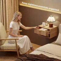 HOMCOM Set of 2 Wall Mounted Nightstands, Floating Bedside Tables with Fluted Drawer and Open Shelf for Small Bedroom, Oak(m-4)