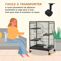 PawHut Small Animal Cage on Wheels, 3 Ramps & 3 Platforms, Food Dish & Water Bottle, Removable Bottom Tray for Rabbit, Ferret, Chinchilla, Steel & PP, 61.5x44x95cm, Black(m-5)