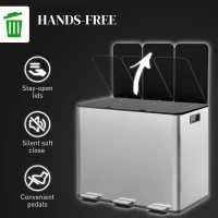 HOMCOM 3 x 20L Pedal Bin, Steel Triple Kitchen Bin with Soft Close Lid, Removable Inner Buckets, Fingerprint-Proof, Silver Tone(m-6)