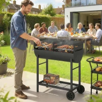 Outsunny Grătar pe cărbune cărucior cu 2 zone de gătit grilă reglabilă pe înălțime raft pentru lemne roți mâner lateral, 103 x 46,5 x 100cm(m-2)