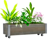 Outsunny Planter on Casters - Rectangular Planter - Irrigation Inserts, Drainage Felt Included - metal, solid wood, gray(m-10)