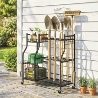 Outsunny Organizador de Ferramentas de Jardim em Aço de 3 Níveis, 74 Espaços, 4 Rodas, 11 Ganchos, 104x40x95cm, Preto(m-2)