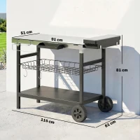 Outsunny Carro de jardín de 3 niveles, superficie de trabajo en acero inoxidable, ruedas, ganchos, cesta extraíble, asa lateral, 114x61x81cm, Negro(m-3)