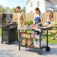 Outsunny Garten-Servierwagen mit 3 Ebenen, Edelstahl-Arbeitsfläche, Räder, Haken, abnehmbarer Korb, seitlicher Griff, 114x61x81cm, Schwarz(m-2)