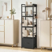 HOMCOM 4-Tier Bookshelf, Narrow Bookcase with Drawer, 8 Hooks, Metal Frame, Black(m-8)