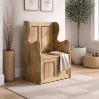 Solid Mango Wood Small Storage Bench with Clear Natural Finish and Storage Box, Storage Stool for Living Room, 35L x 60W x 90H cm, Brown(m-1)