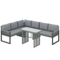 Outsunny 6 Seater Rattan Garden Furniture Set with 3 Loveseats, Table, Patio Rattan Furniture Corner Sofa Set, Grey(m-1)