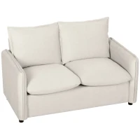 HOMCOM Canapé 2 Places Rembourré en Tissu Effet Cuir Respirant, Rembourrage Épais, 2 Coussins, Accoudoirs, pour Salon, Crème(m-1)