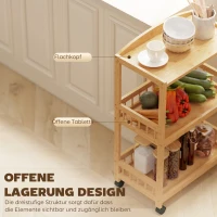 HOMCOM Küchenwagen Rollwagen mit 3 Ebenen, Servierwagen mit Stauraum Küchenregal auf Rollen, für Küche Bad Büro Naturholz(m-4)