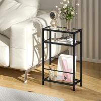 HOMCOM 3-Tier Side Table, Narrow End Table with Storage Shelf and Tempered Glass Tabletop for Small Spaces, Black(m-2)