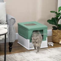 PawHut Hooded Cat Litter Box, Portable Pet Toilet, with Scoop, Front Entry - Green(m-2)